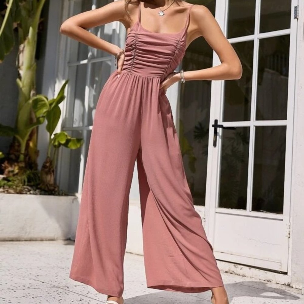 SHEIN Simplee Ruched Front Zip Back Jumpsuit